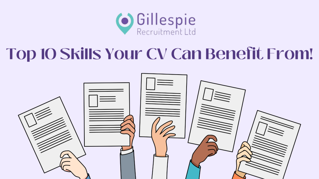 Purple background with an animated picture of 5 hands holding paper copies of CV. Dark Purple writing saying 'Top 10 Skills Your CV Can Benefit From!'